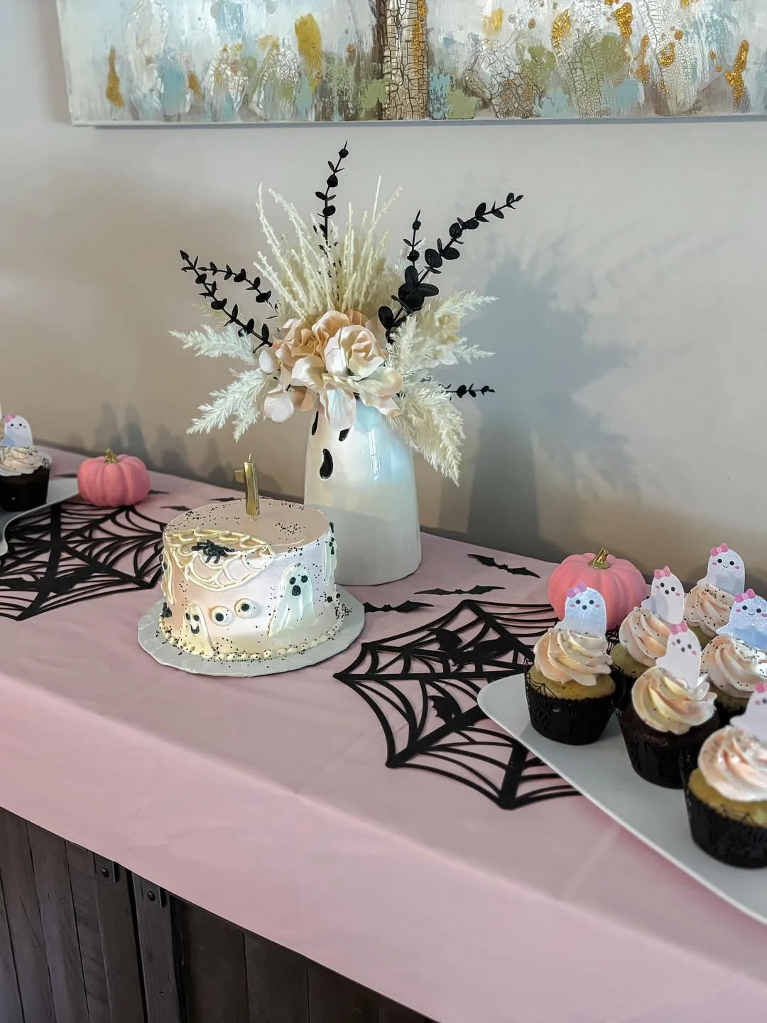 Blush Ghostly Table Arrangements spooky one first birthday