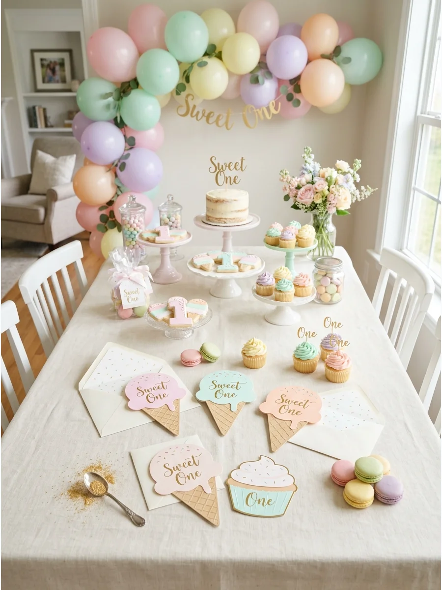 Die-cut birthday invitations shaped like ice cream and cupcakes in pastel colors.
