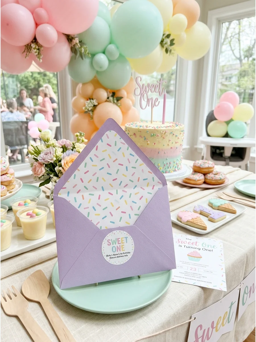 Lavender envelope with a colorful pastel sprinkle pattern lining.