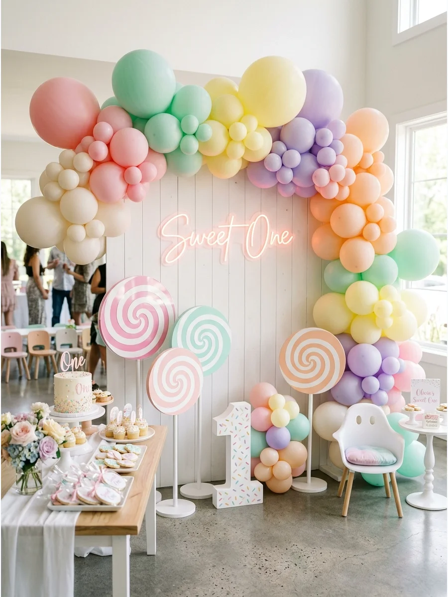 Pastel balloon arch with giant lollipop props and a neon birthday sign.