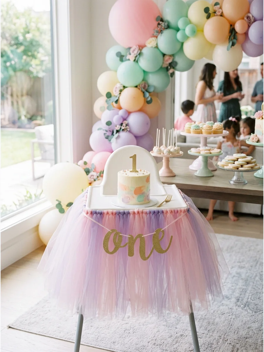 High chair decorated with a pink tulle skirt and a gold glitter one banner.