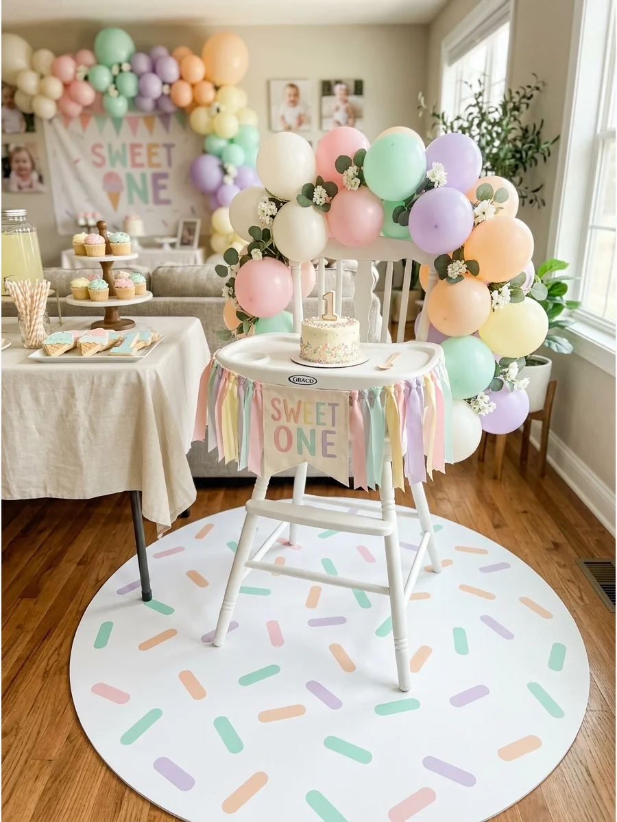 Circular floor mat with pastel sprinkle graphics positioned under a high chair.