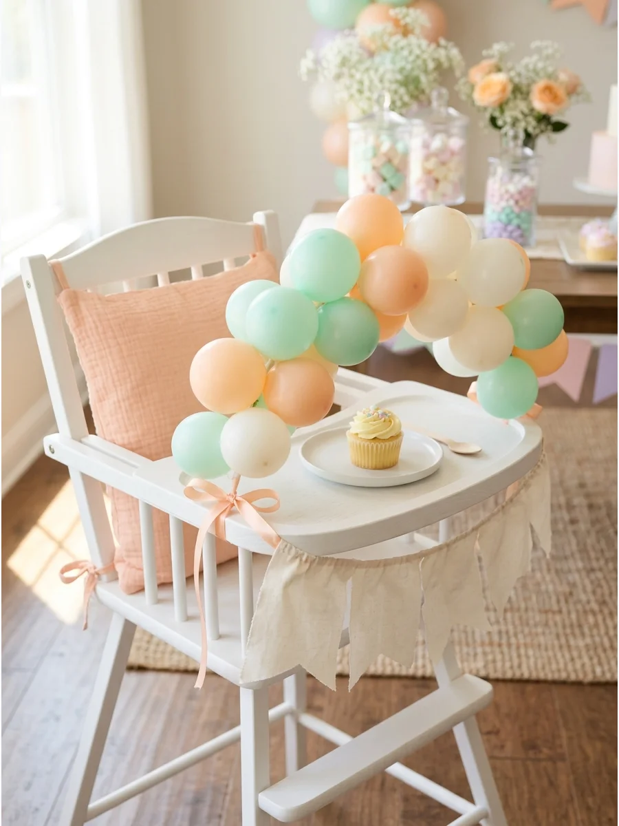 Small pastel balloon cluster attached to the corner of a high chair tray.