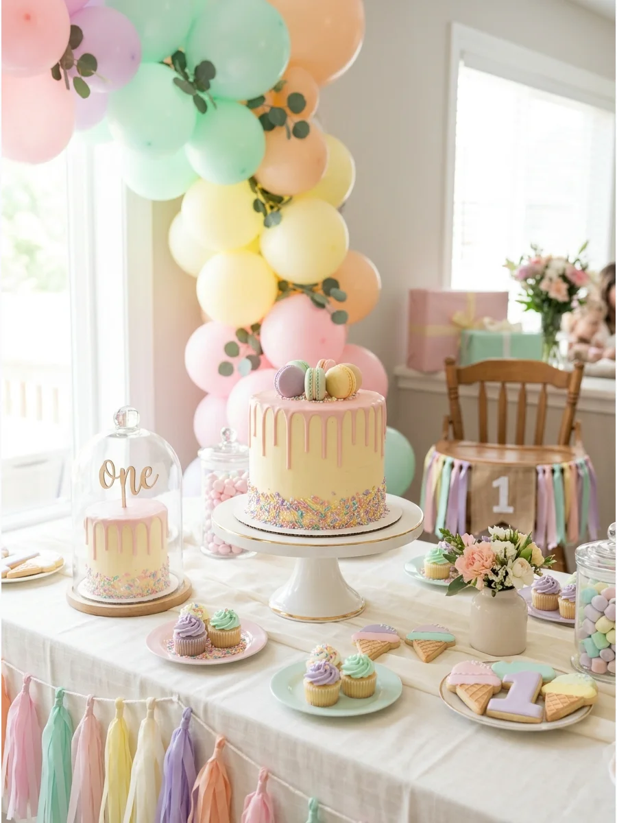 Small pastel drip cake with sprinkles and macarons on top.