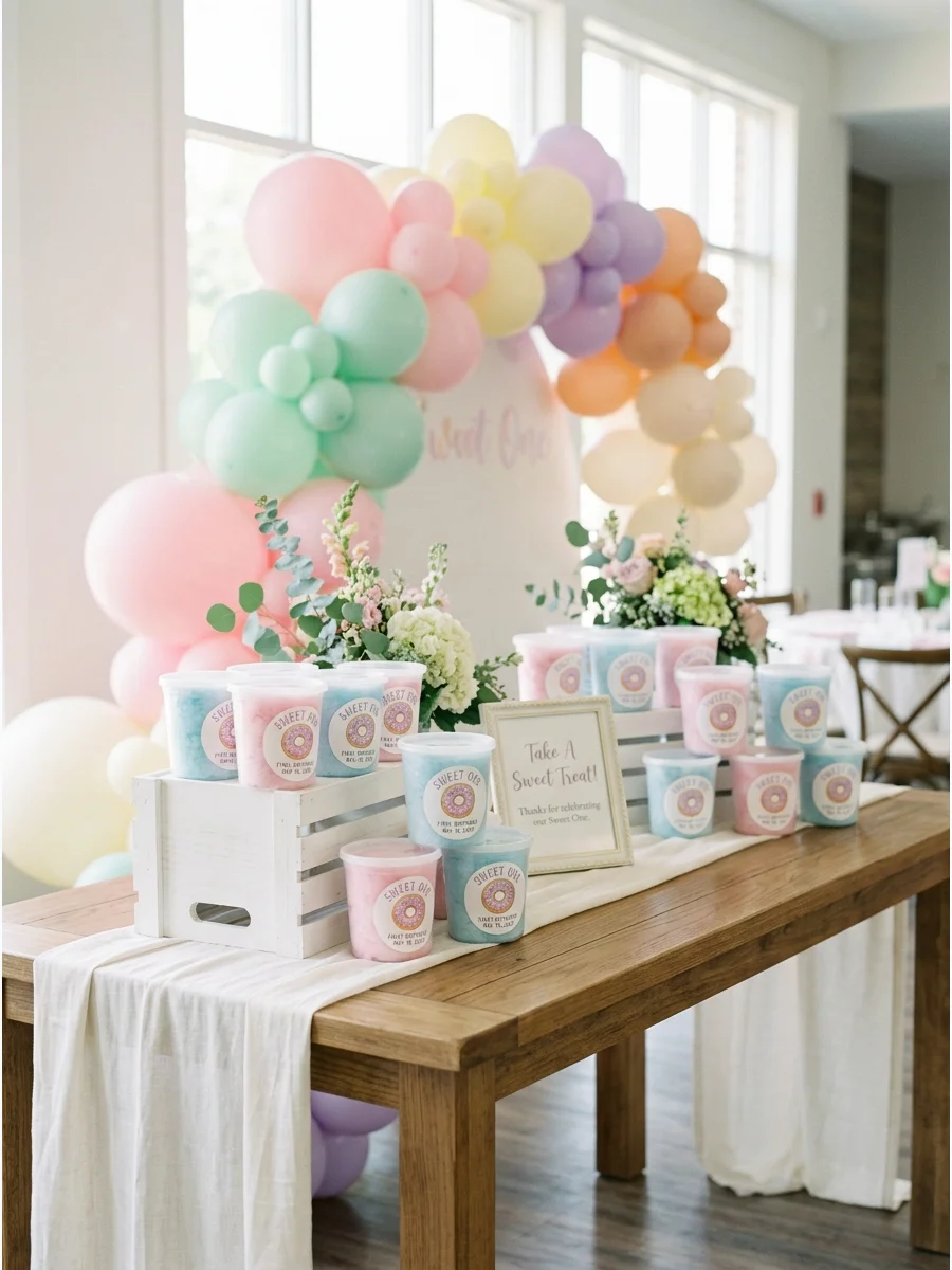 Clear cotton candy tubs with pastel pink and blue contents and custom labels.
