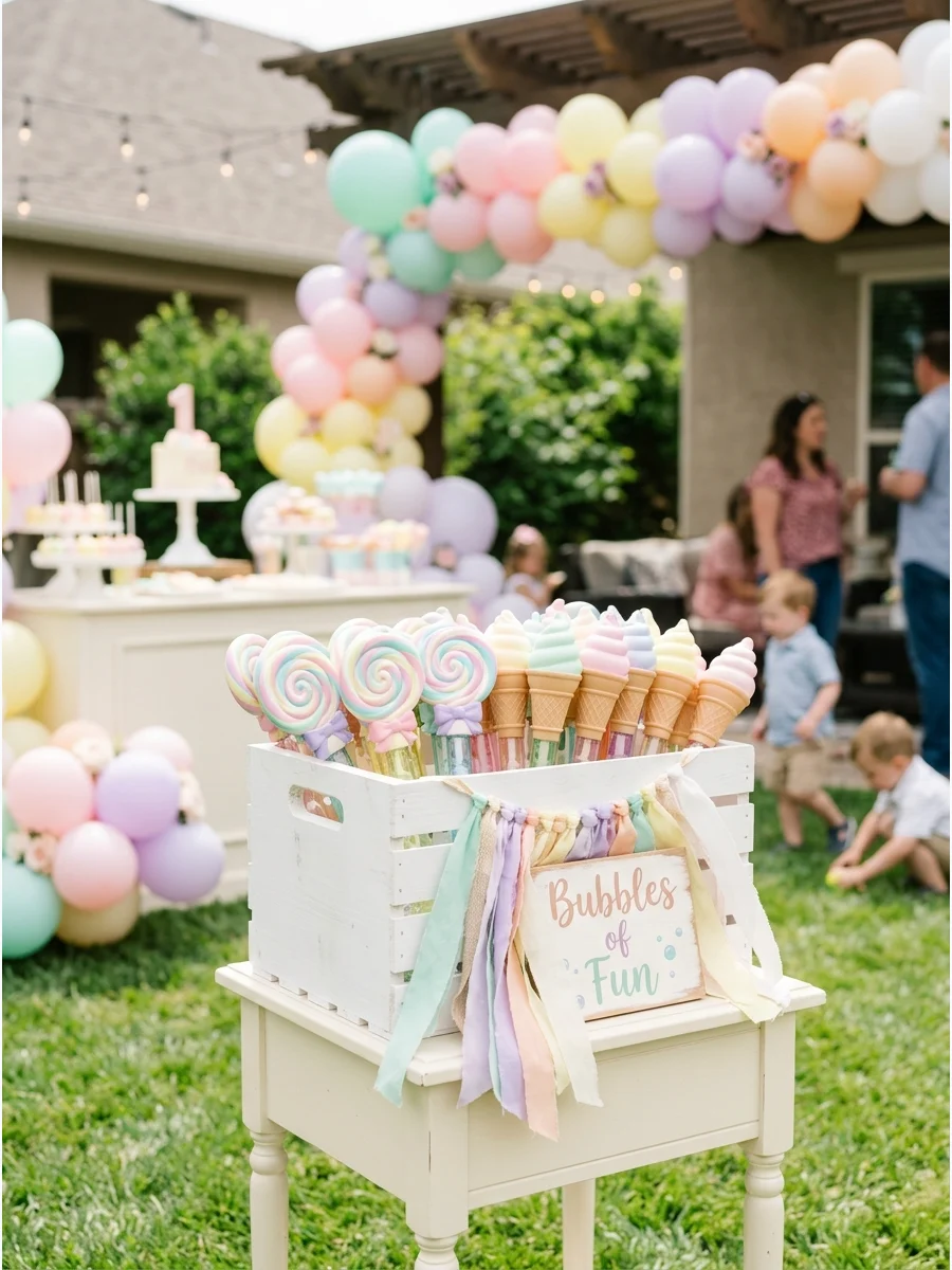 White crate holding dessert-shaped bubble wands with pastel ribbons.