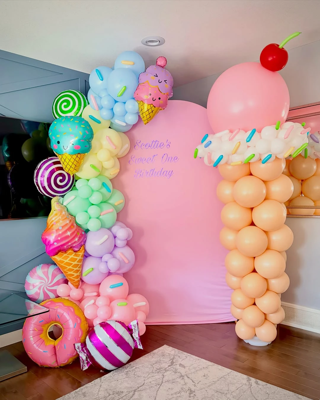 Sculptural Dessert Balloon Backdrops sweet one first birthday