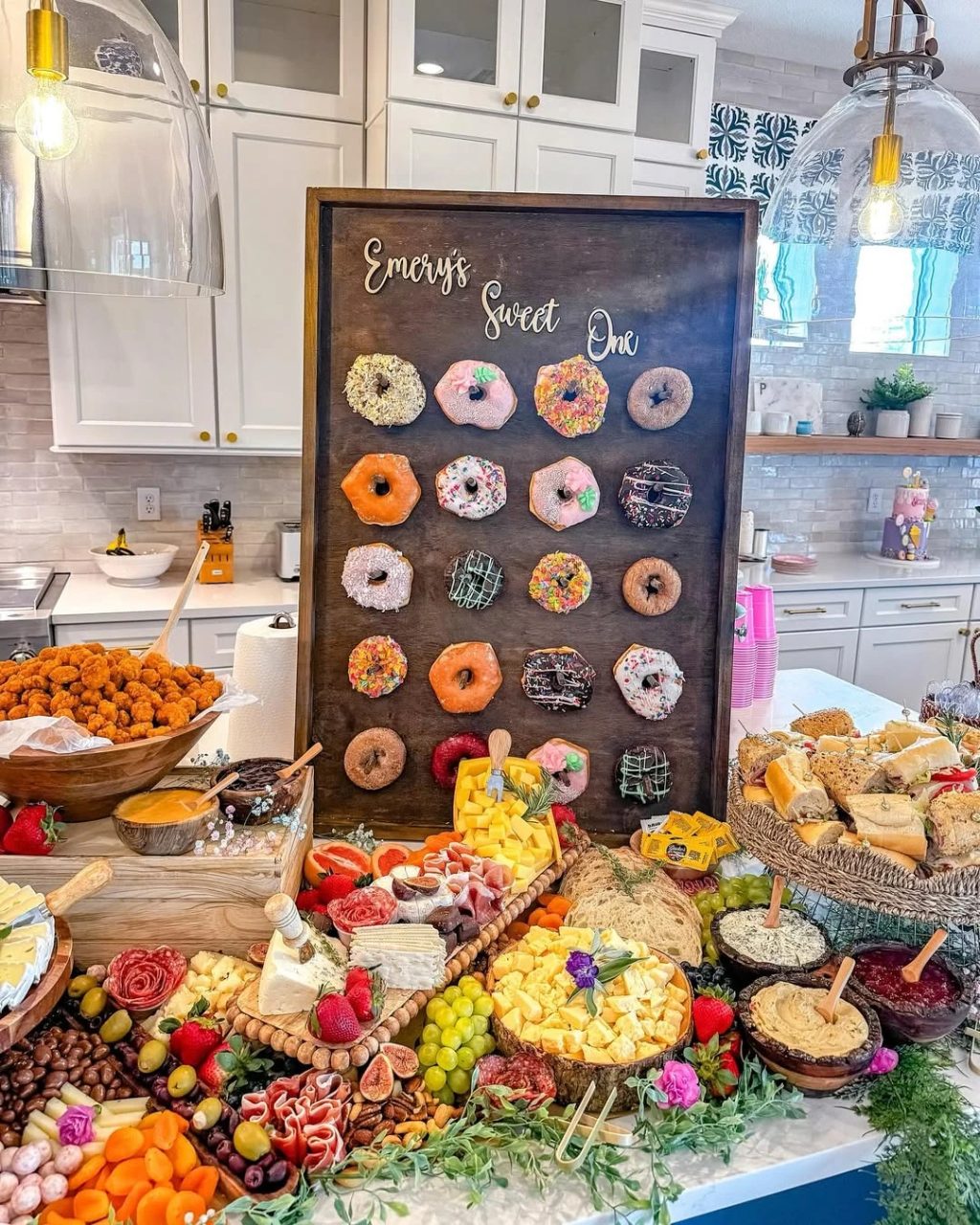 Integrated Donut Wall Displays sweet one first birthday