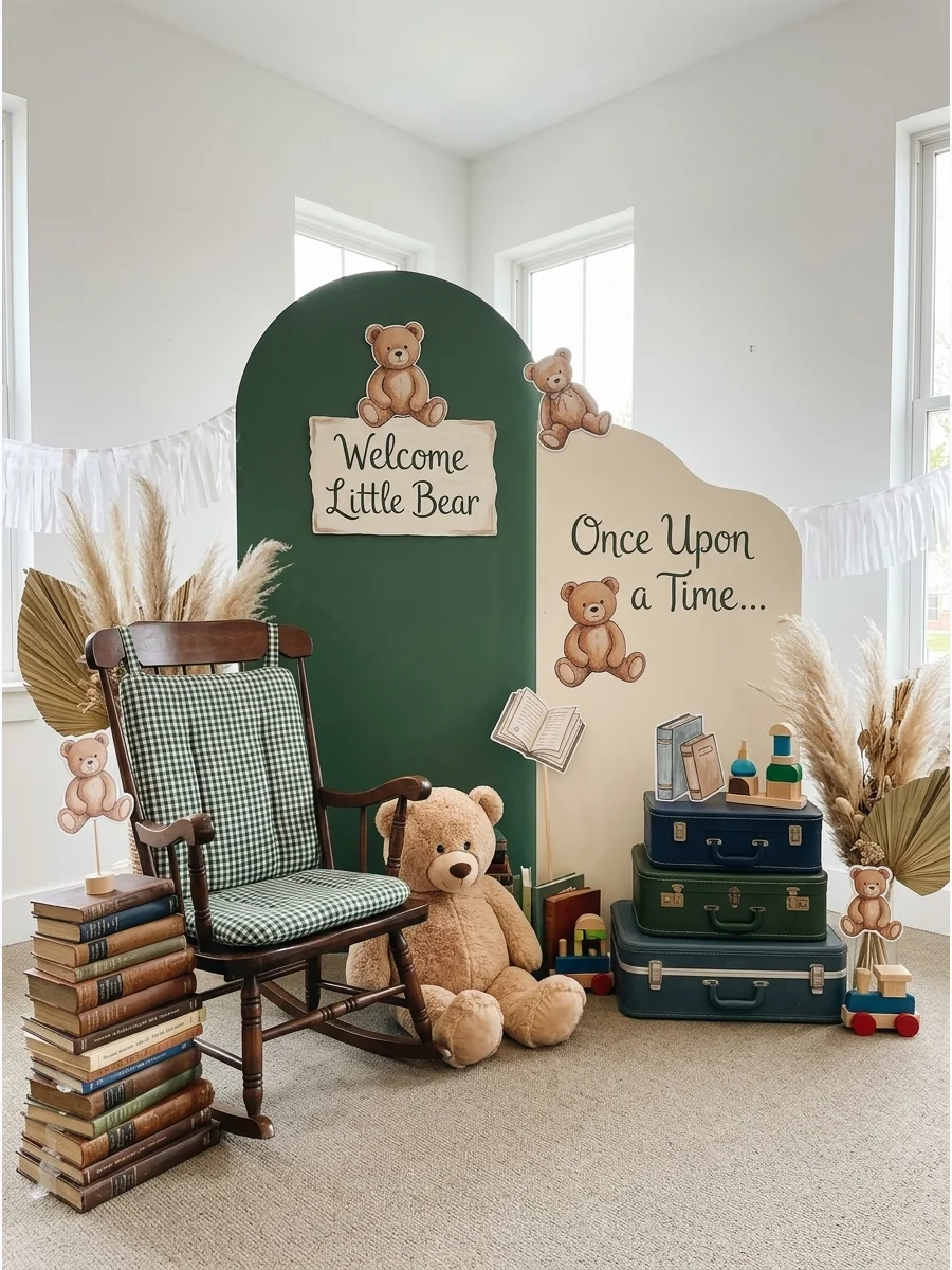 A vintage storybook photo area with a rocking chair and stacked books.
