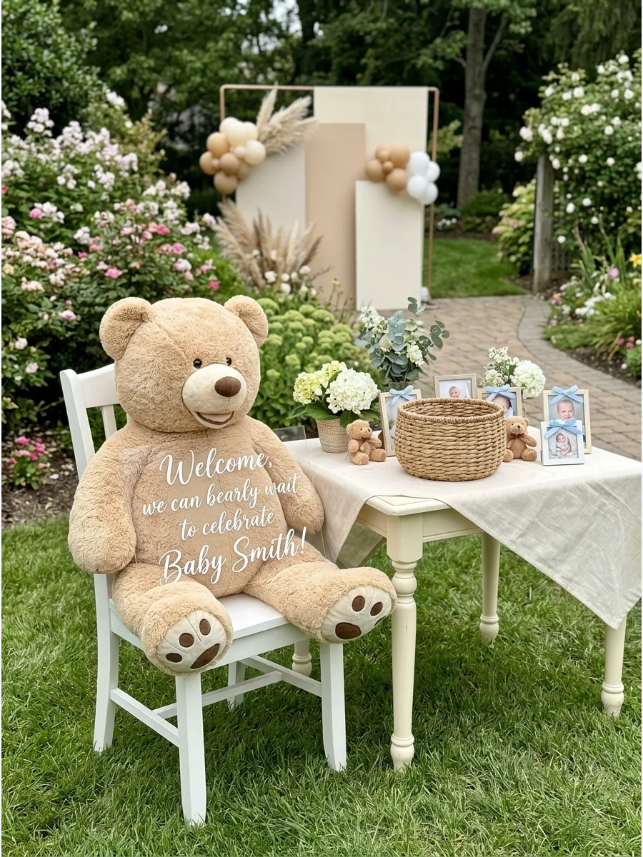 A large teddy bear sitting at a welcome table with a card basket.