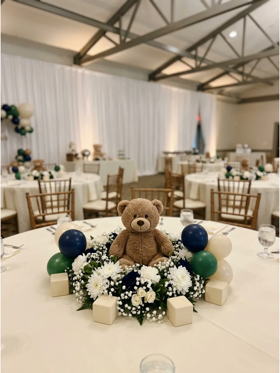 A small bear centerpiece surrounded by white flowers on a table.