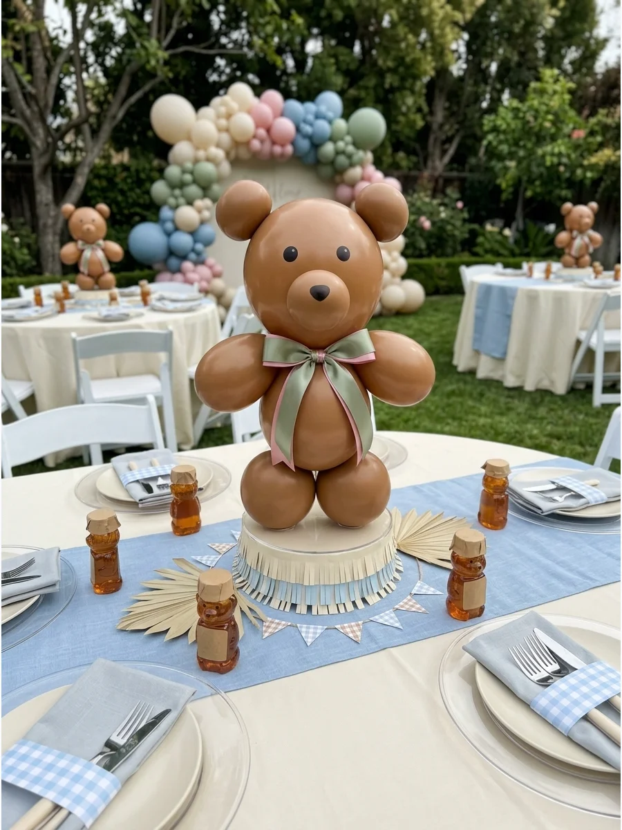 A brown balloon bear centerpiece with a blue ribbon on a table.