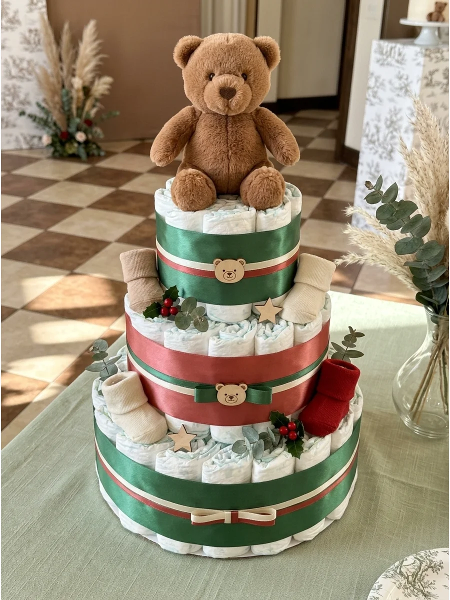 A tiered diaper cake with a teddy bear topper on a dessert table.