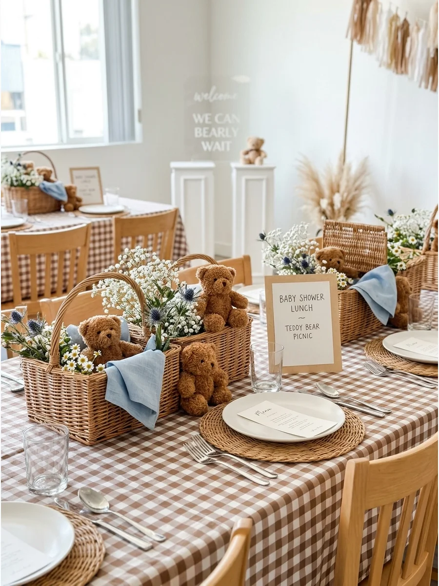 A picnic-themed table setting with gingham cloth and a wicker basket.