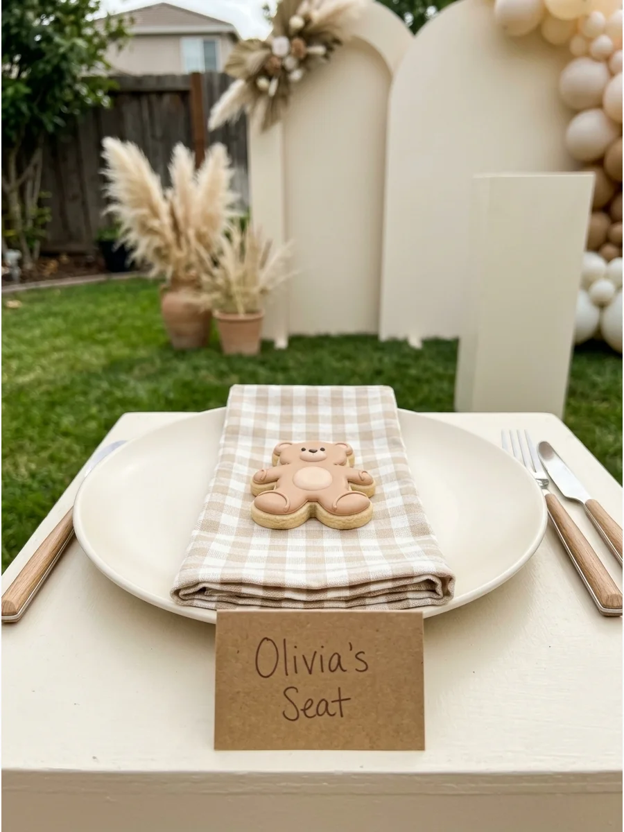A neutral place setting with a gingham napkin and a bear-shaped cookie.