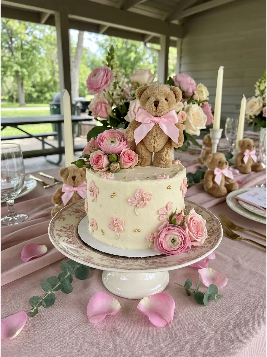 A pink and cream baby shower table with floral centerpieces and teddy bears.