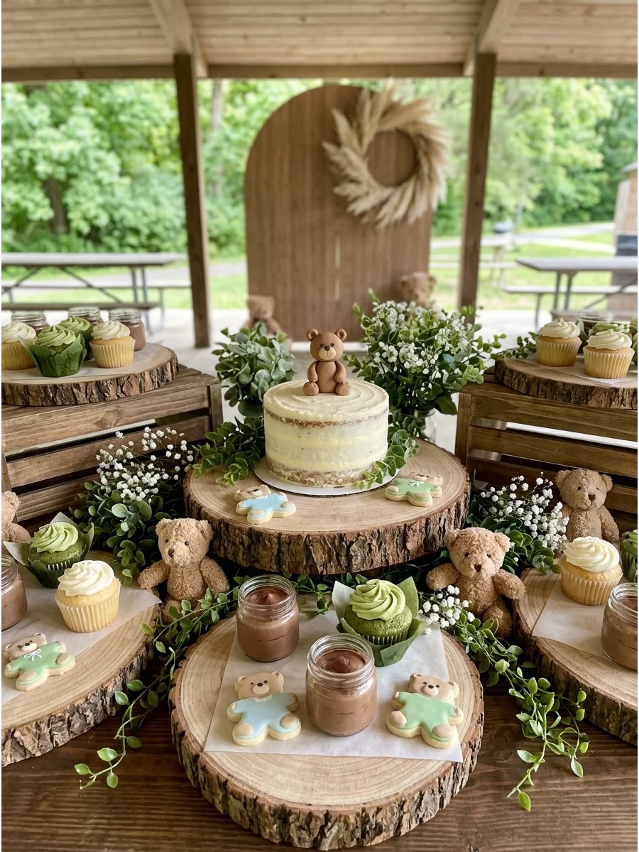 A rustic dessert table with wooden stands and small teddy bears.