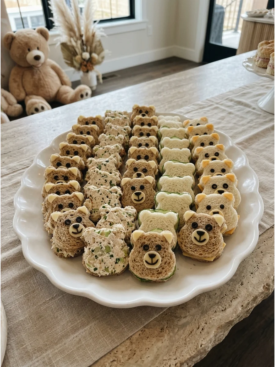 Bear-shaped tea sandwiches on a white serving platter.