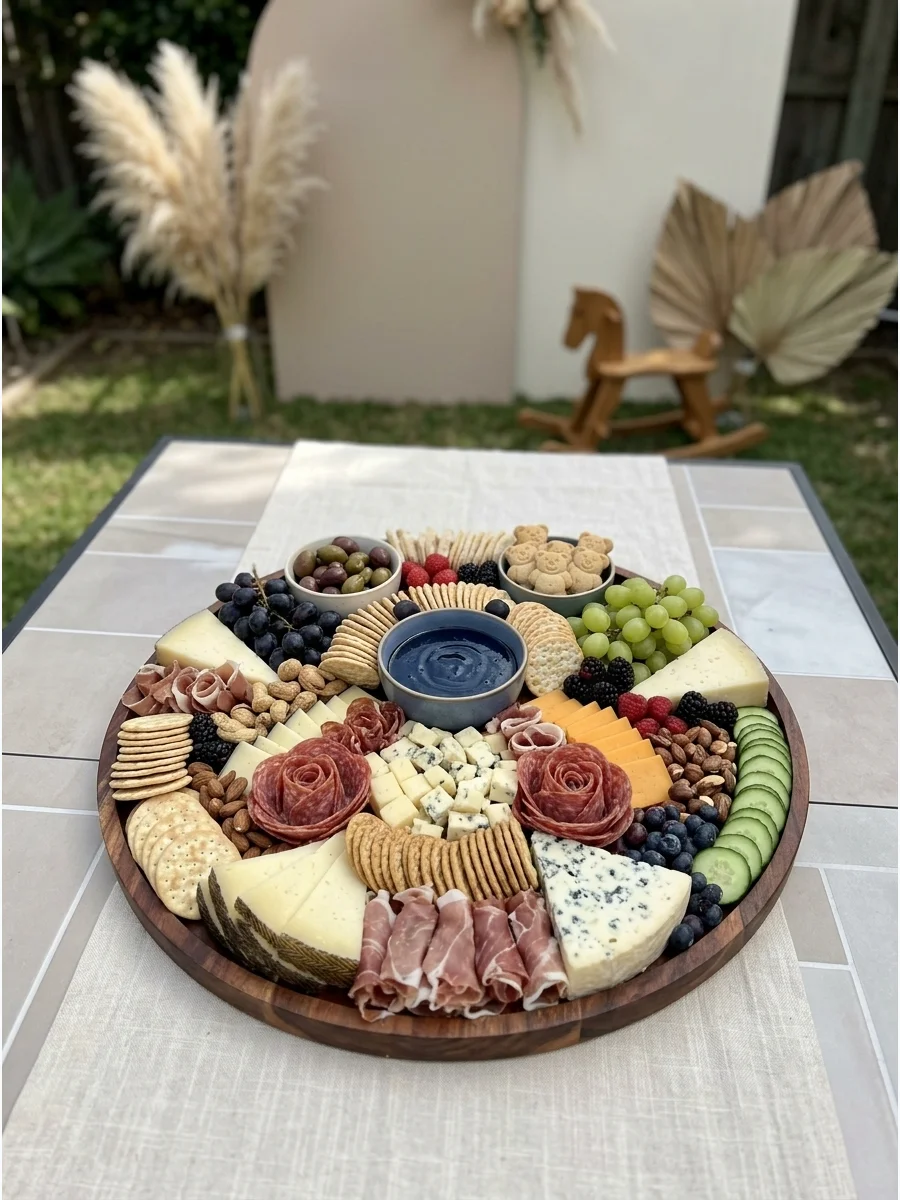 A meat and cheese grazing board arranged to look like a teddy bear.