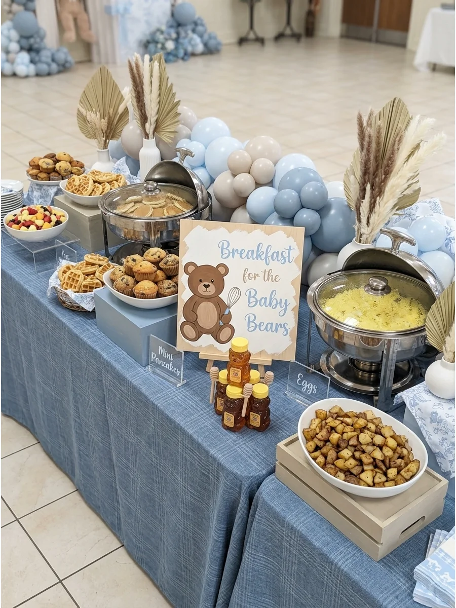 A brunch station with mini waffles and a themed teddy bear sign.