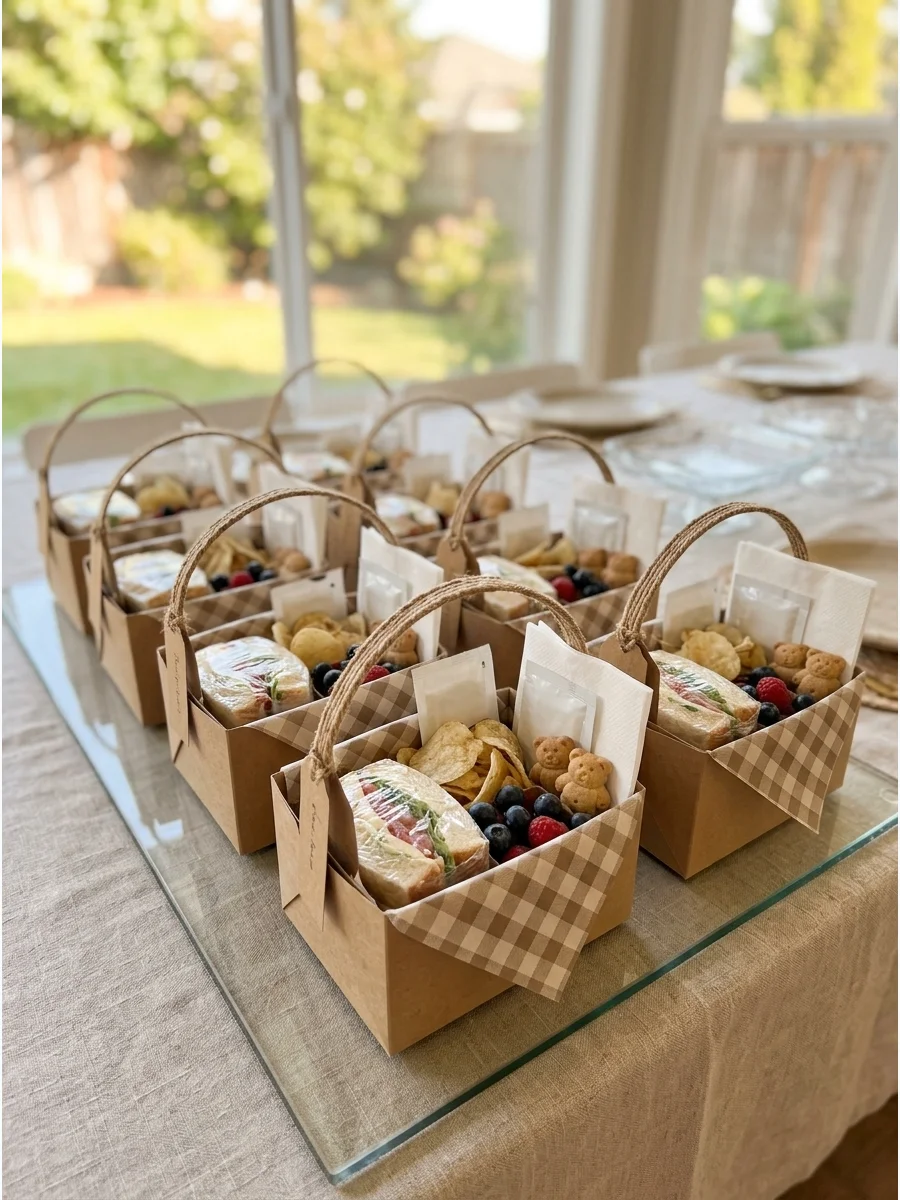 Individual picnic basket lunch boxes for a baby shower.