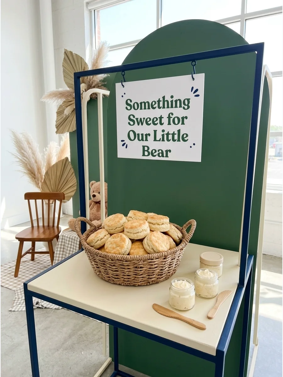 Warm biscuits and honey butter jars on a serving table.