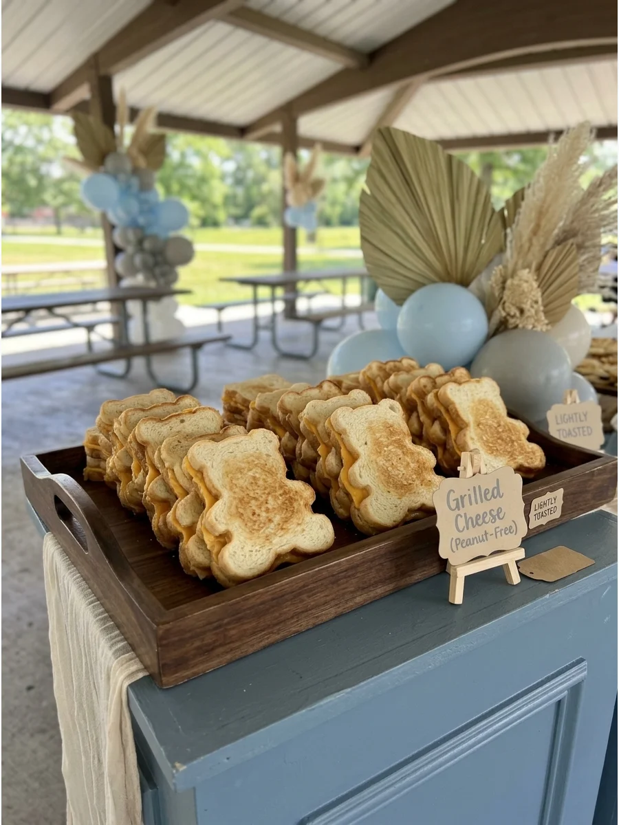 Bear-shaped grilled cheese sandwiches on a wooden serving tray.