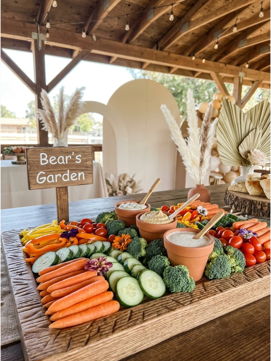A vegetable platter arranged like a garden with small pots of dip on a wooden board.