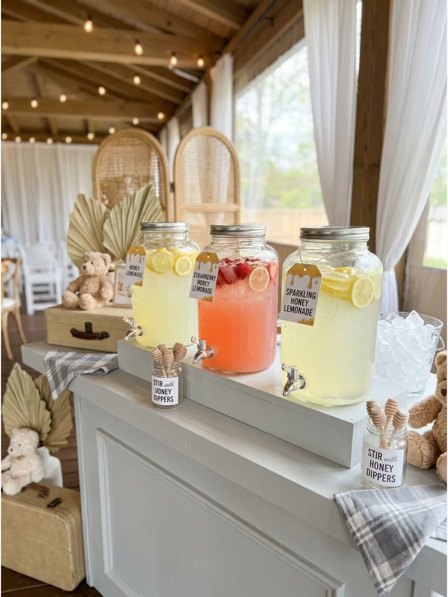 Three glass dispensers filled with different types of lemonade on a rustic wood table.