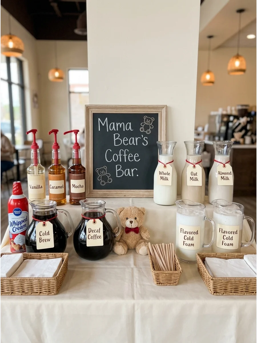 An iced coffee station with carafes, syrups, and a chalkboard sign.