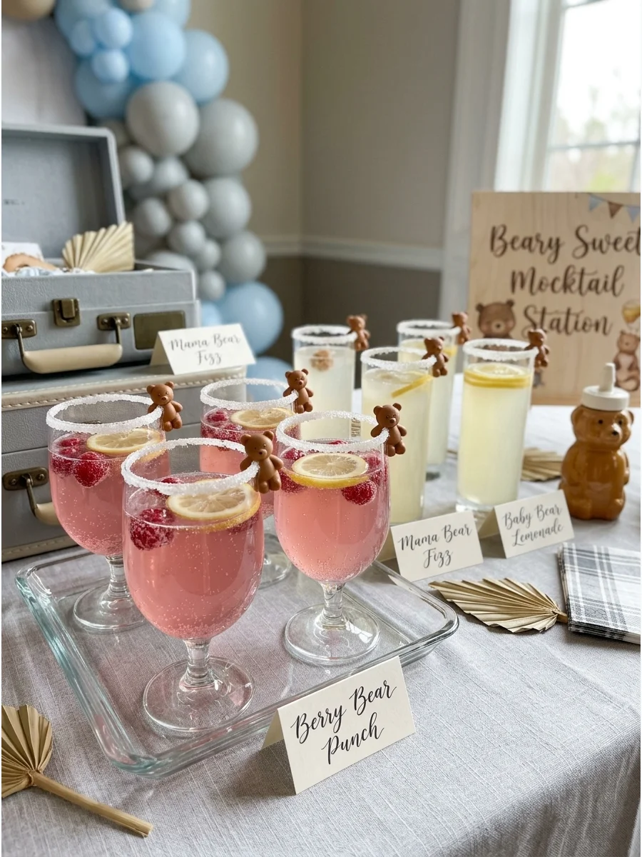 Pink mocktails garnished with berries and small bear charms on a serving tray.