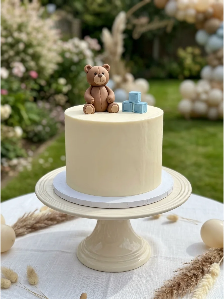 A two-tier cream cake with a fondant teddy bear topper and wooden blocks.