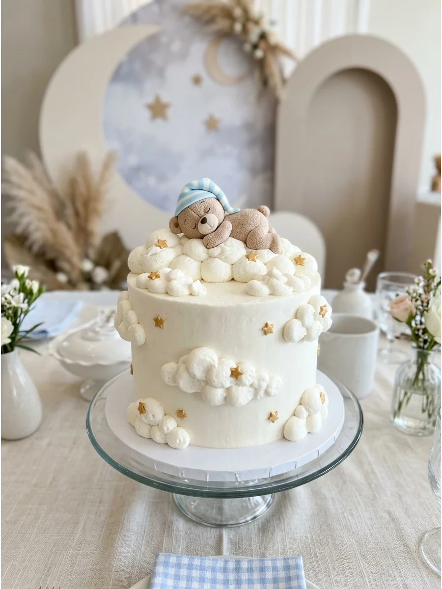 A white cake decorated with buttercream clouds and a sleeping bear figurine.