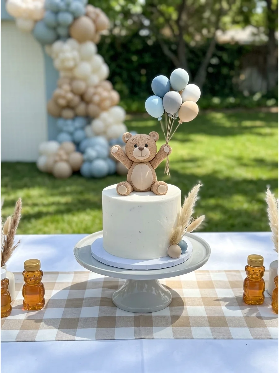 A single-tier cake with a fondant bear holding a cluster of edible balloons.