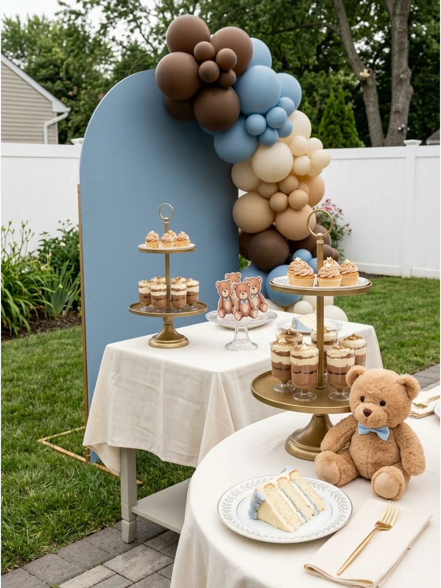 Brown and Blue Teddy Bear Setup support view 1