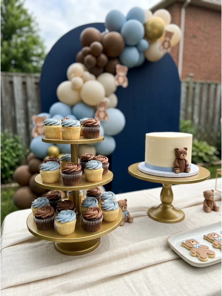 A navy and brown themed backdrop with gold accents and bear decor.