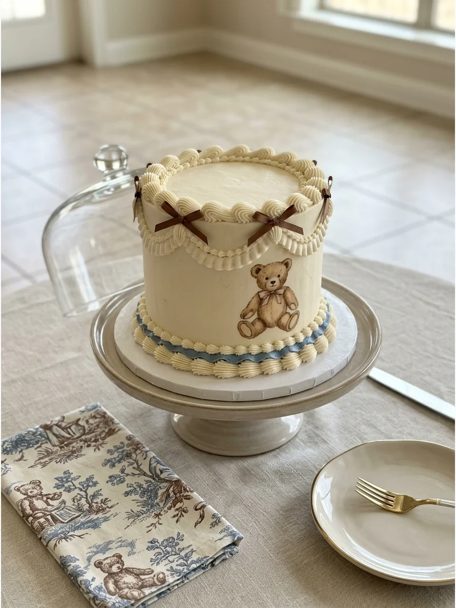 An ivory cake with vintage piping and a painted teddy bear illustration.