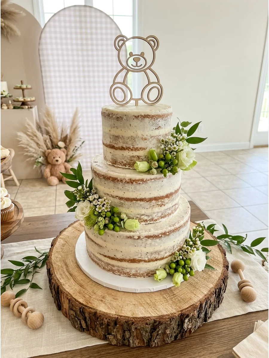 A rustic naked cake on a wood slice with floral accents and a wooden bear topper.