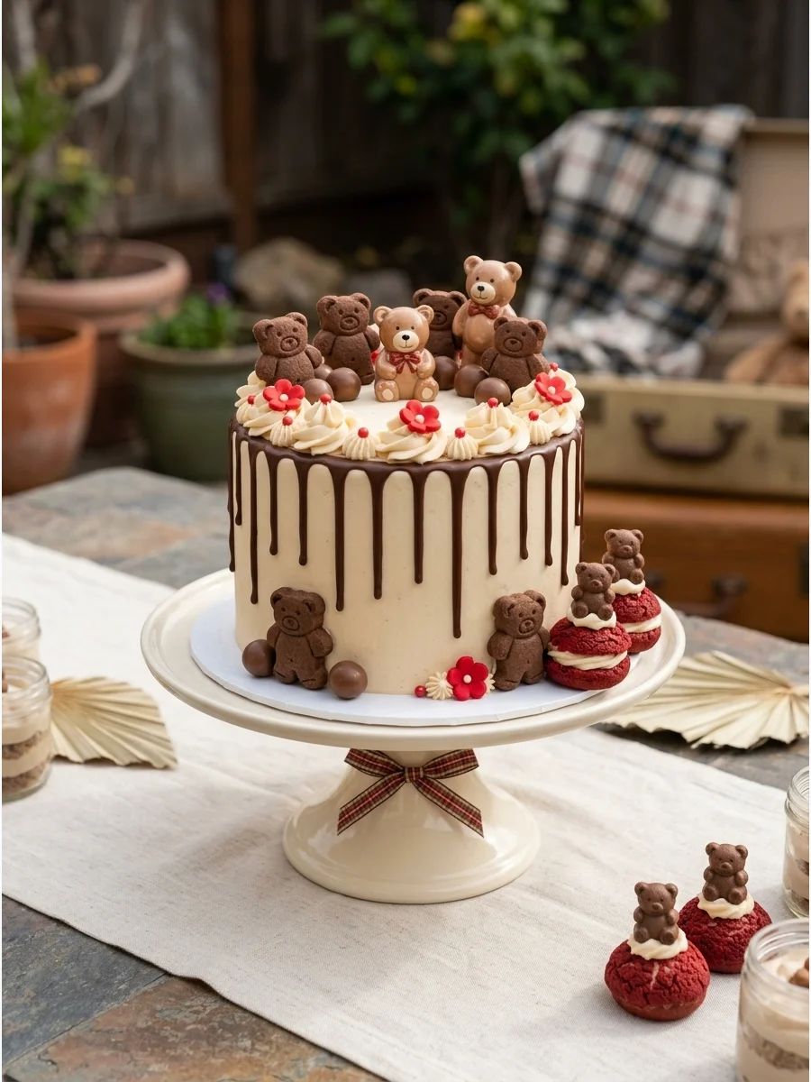 A cream cake with chocolate drips and bear-shaped cookies on top.
