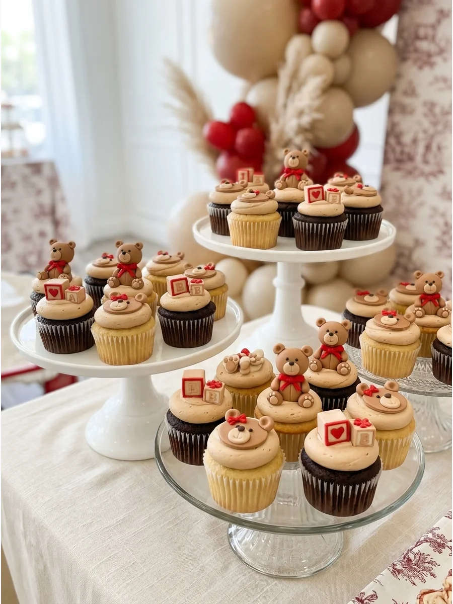 Cupcakes with tan frosting and small edible bear ears on a wooden stand.