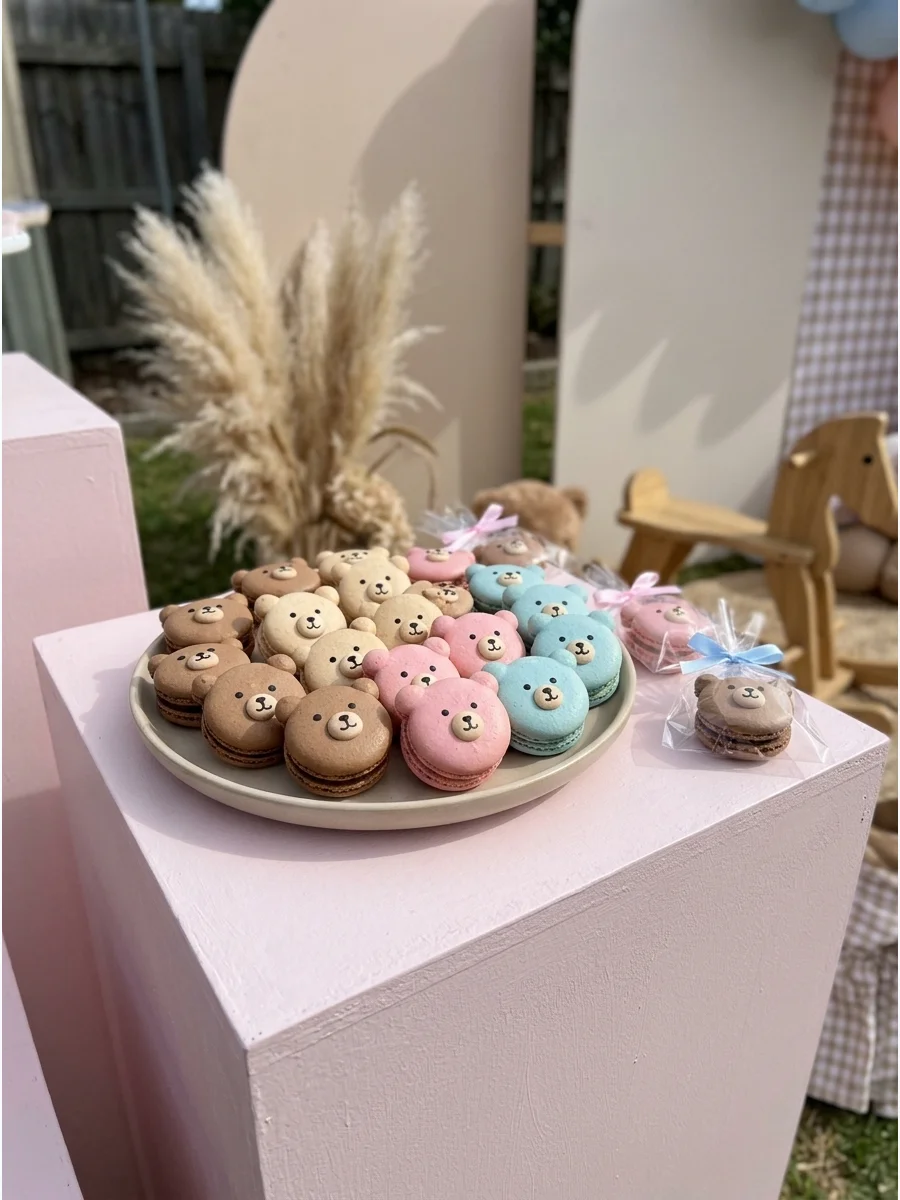 Beige and blue macarons decorated with bear faces on a white platter.