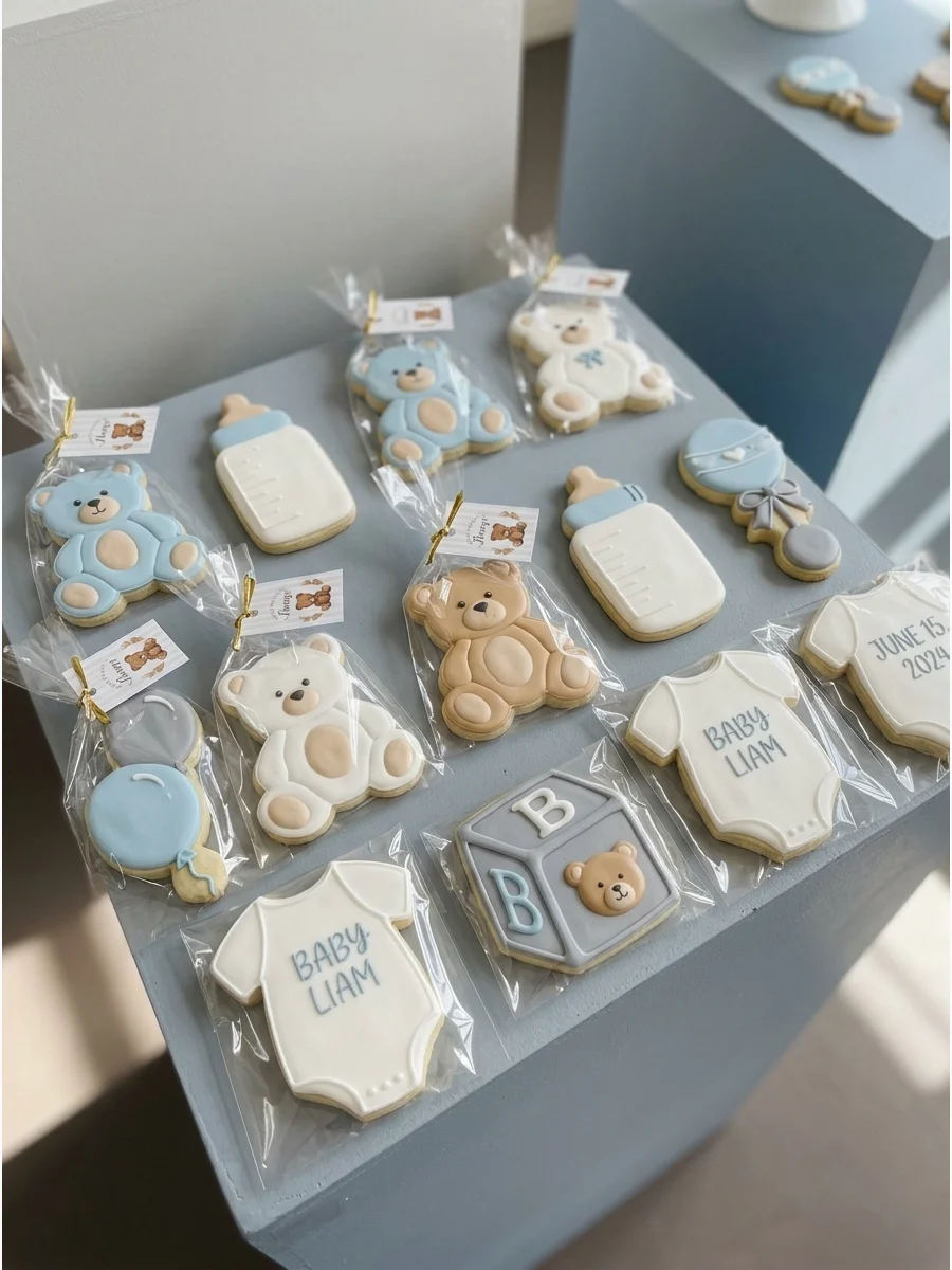 Iced sugar cookies in the shape of bears and baby blocks in tan and sage green.