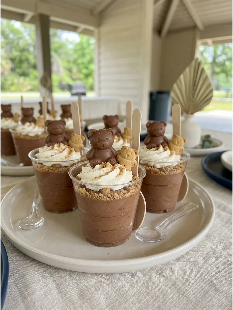 Individual mousse cups topped with bear crackers and small wooden spoons.