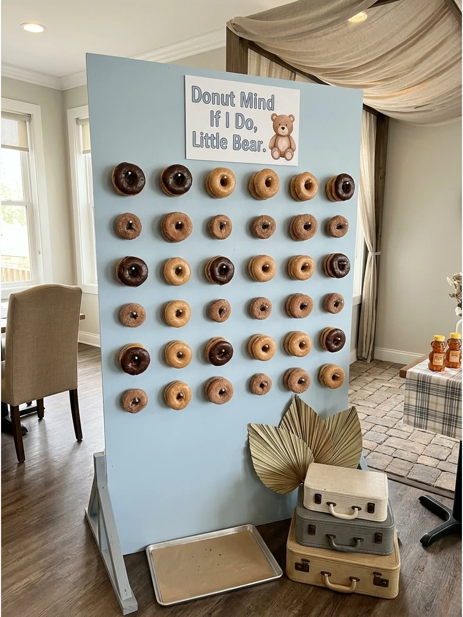 A wooden donut wall with various donuts and a bear-themed sign.