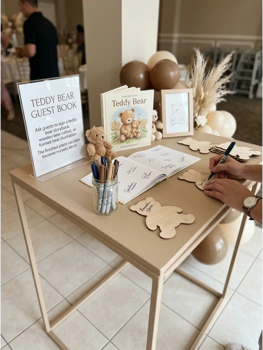 A guest book station with a bear storybook and pens for guests to sign.