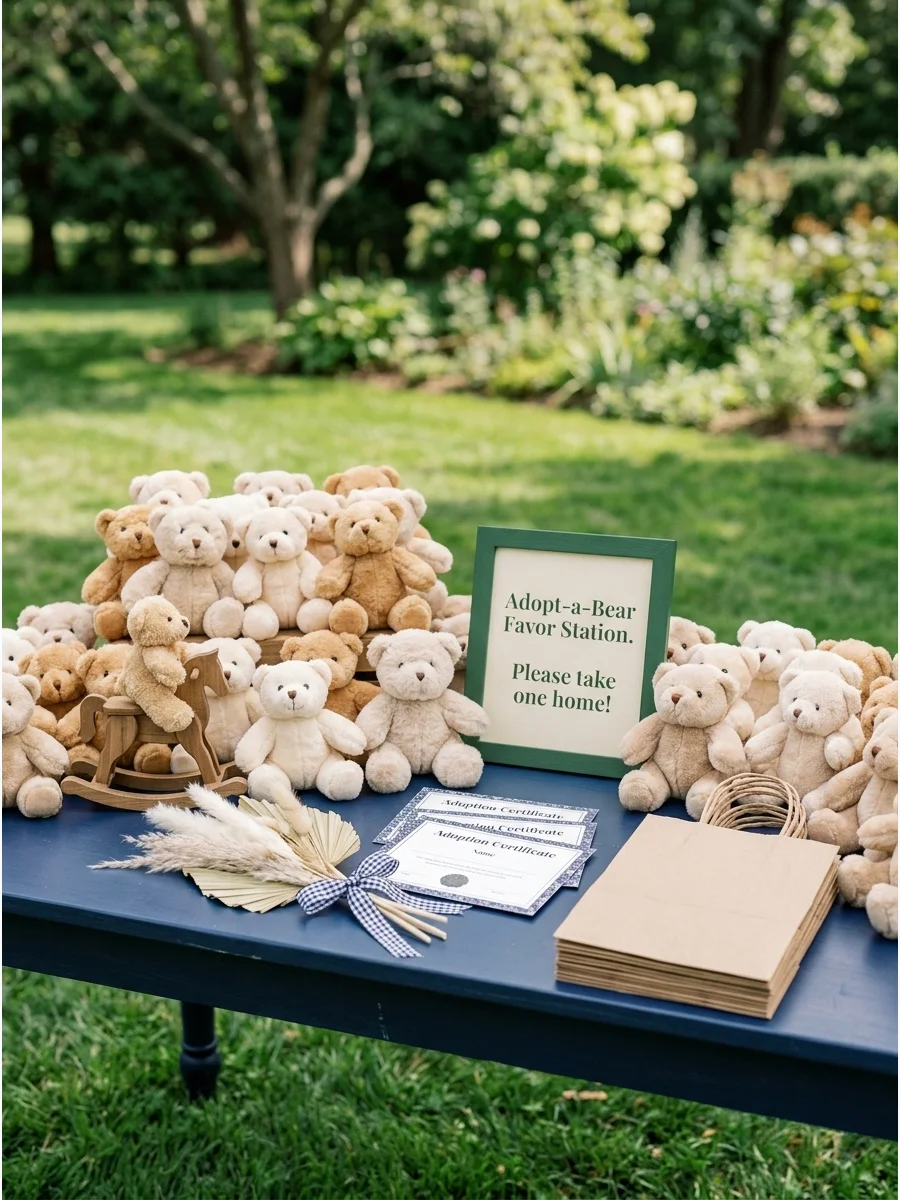 A favor station with plush teddy bears and adoption certificates in a wooden crate.
