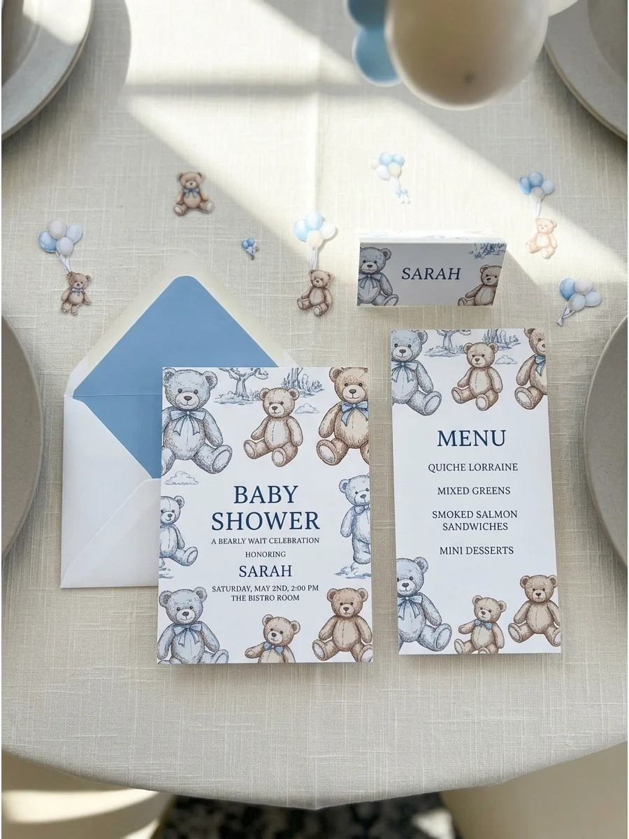 A vintage toile backdrop with teddy bear patterns and ivory table linens.