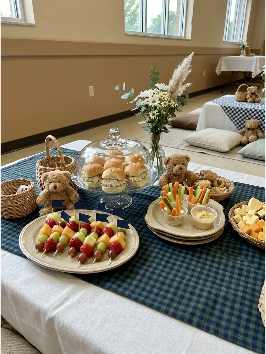 A picnic-style baby shower setup with low tables, cushions, and plush bears.