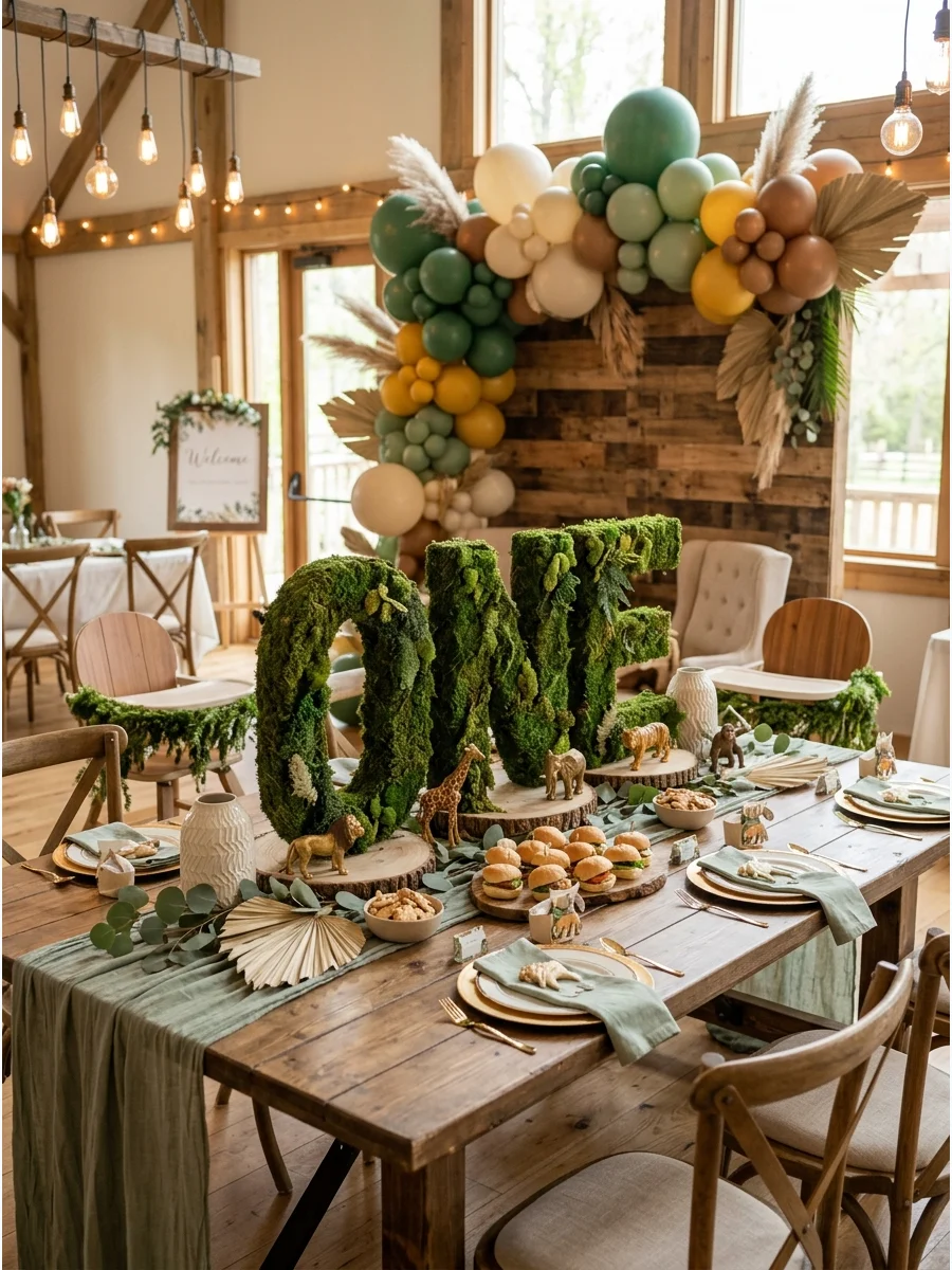 Large moss-covered letters spelling ONE on a rustic table for a boy's first birthday.