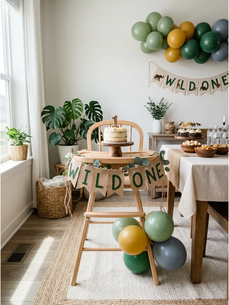 A rustic burlap banner with the words Wild One on a wooden high chair.